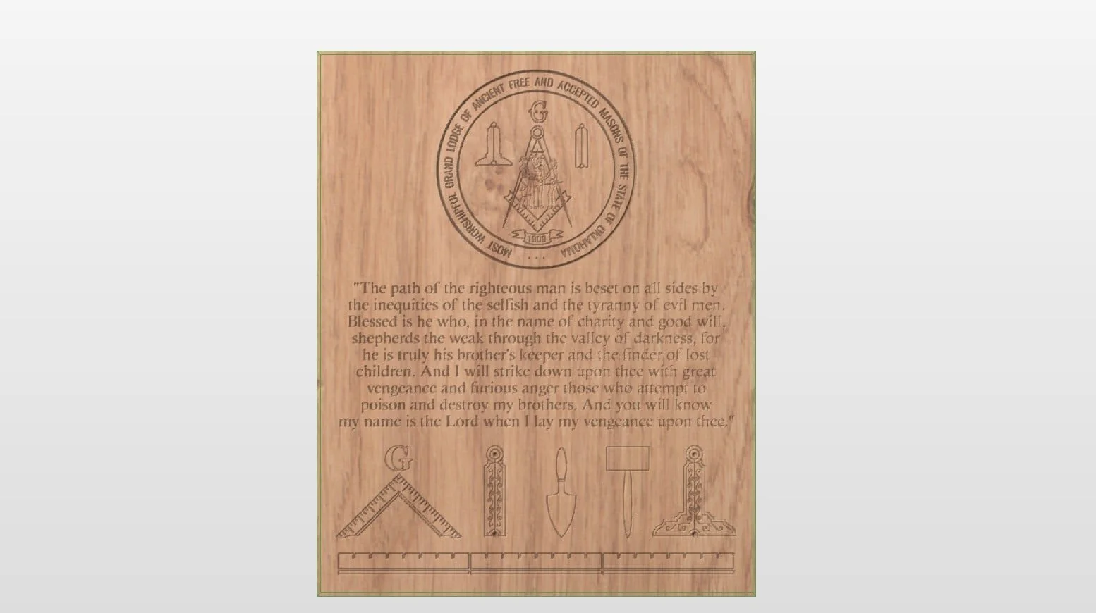 Wooden plaque featuring Masonic symbols, a quote about righteousness, and illustrations of a square, a beehive, a trowel, a gavel, and a pillar.