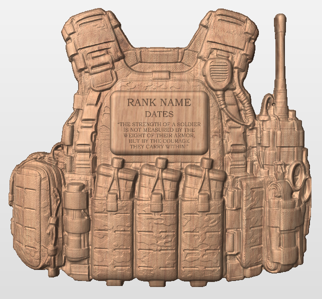 Custom Military Tactical Body Armor Plaque

Honor the courage, dedication, and service of our military personnel with this custom 3D-carved tactical body armor plaque.

Inspired by modern U.S. Army body armor, this detailed design features a tactical