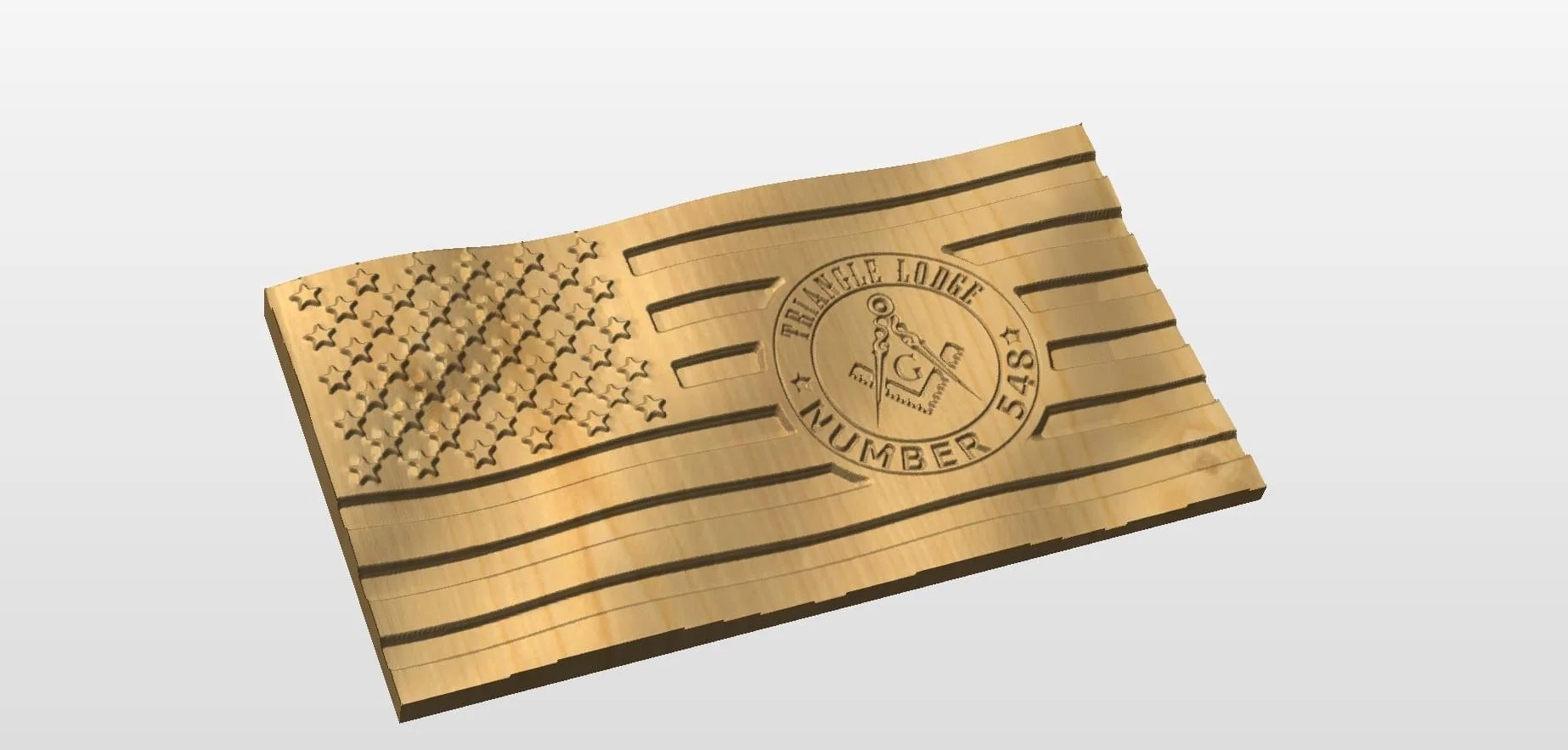 A wooden plaque featuring an American flag design with engraved text and symbols, including the Freemason emblem and the phrase "Number 548."
