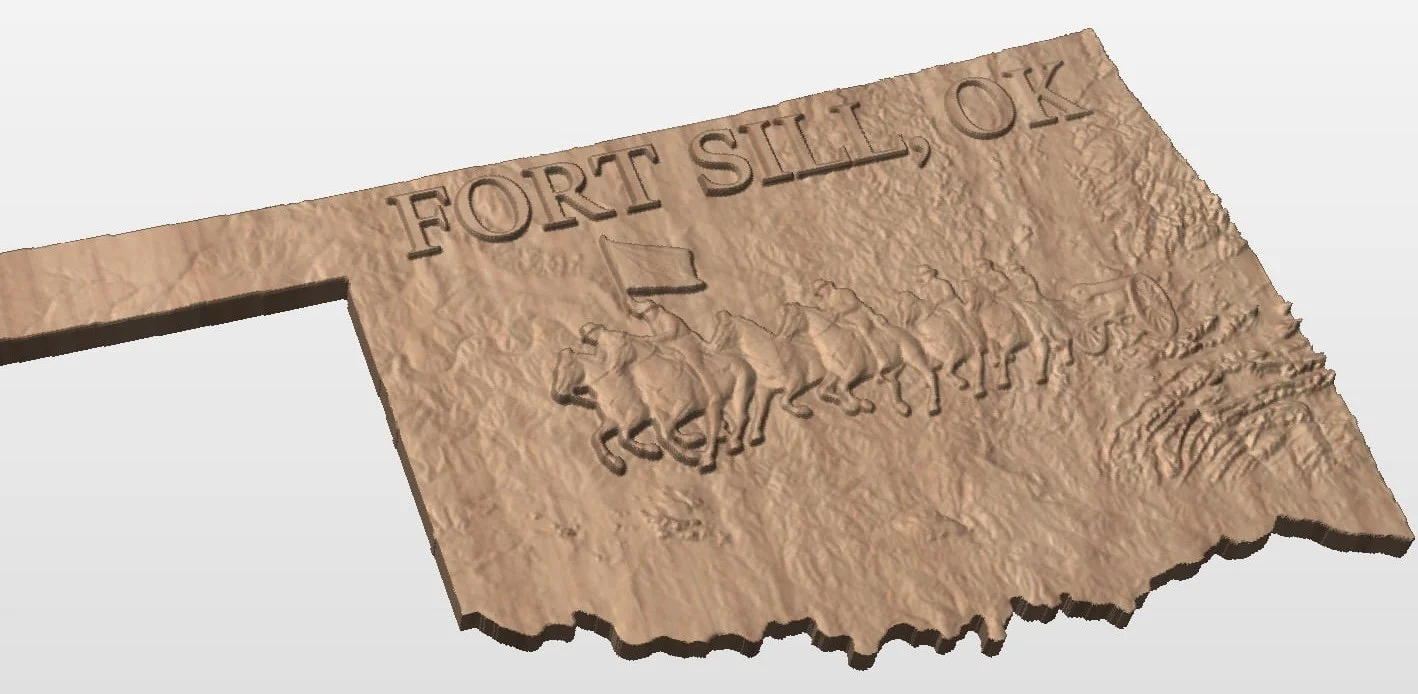 3D engraved stone slab with the words 'Fort Sill, OK' and an engraving of cavalry soldiers on horseback.