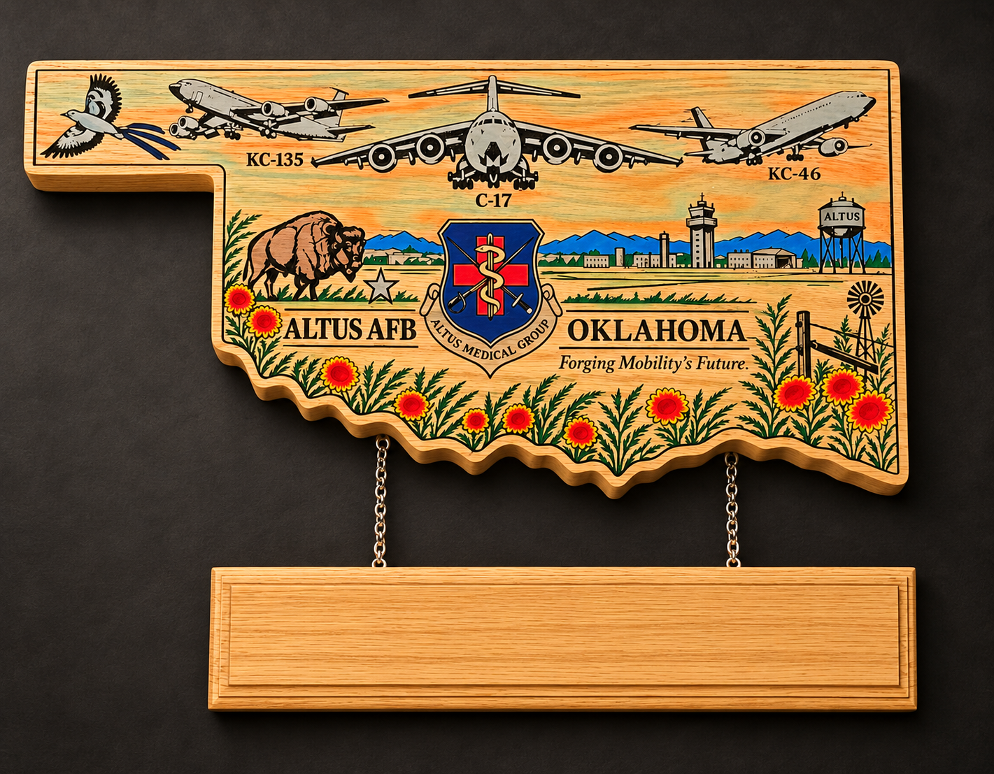Custom Altus AFB Aviation Heritage Plaque

A detailed carved wooden plaque shaped like Oklahoma, featuring the KC-135, C-17, and KC-46 aircraft, Altus Medical Group emblem, iconic base landmarks, American bison, scissor-tailed flycatcher, and Oklahom