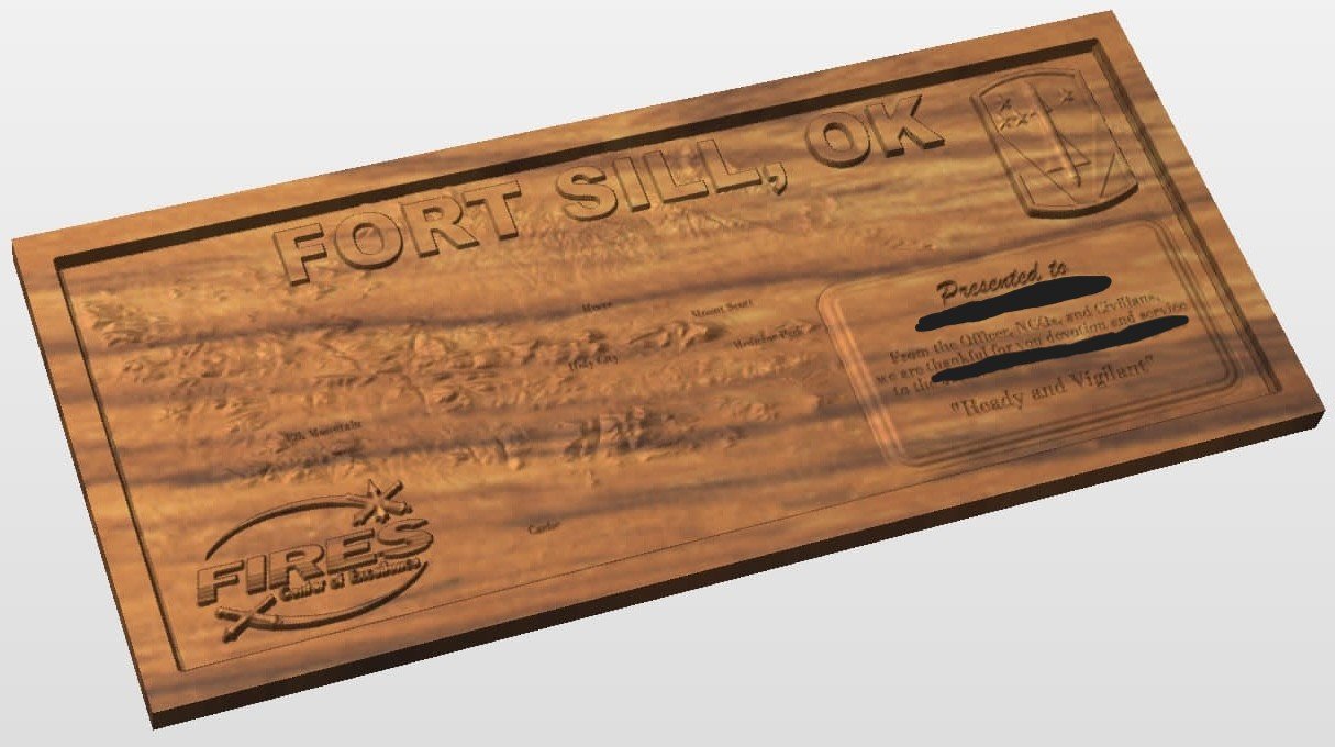 Custom wooden military recognition plaque featuring “Fort Sill, OK,” carved terrain details, the Fires Center of Excellence logo, the Air Defense Artillery Brigade emblem, and a personalized dedication. Crafted by Wichita Mountain Woodworks in Lawton