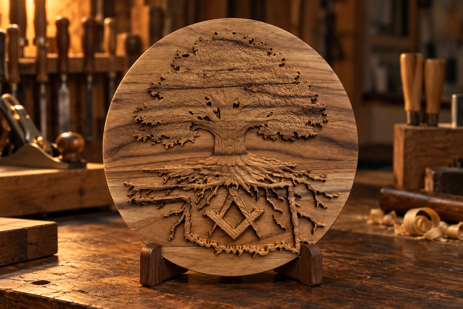 Wooden wall art featuring a tree with detailed roots and branches, placed on a wooden stand in a woodworking workshop.