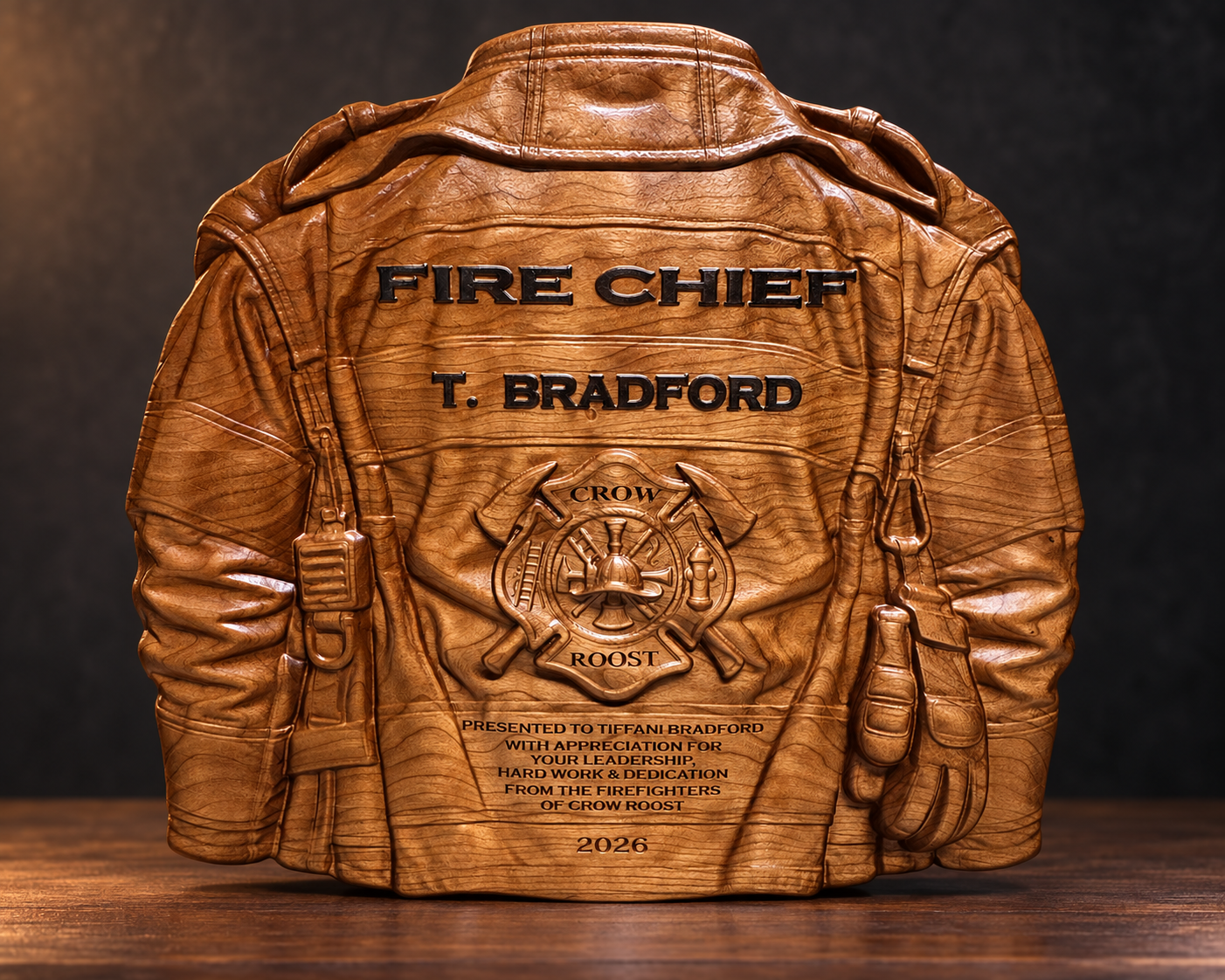 Custom wooden firefighter jacket plaque featuring detailed 3D CNC carving, a fire department emblem, and personalized engraving. Crafted by Wichita Mountain Woodworks in Lawton, Oklahoma, this fire chief recognition award honors leadership, hard work