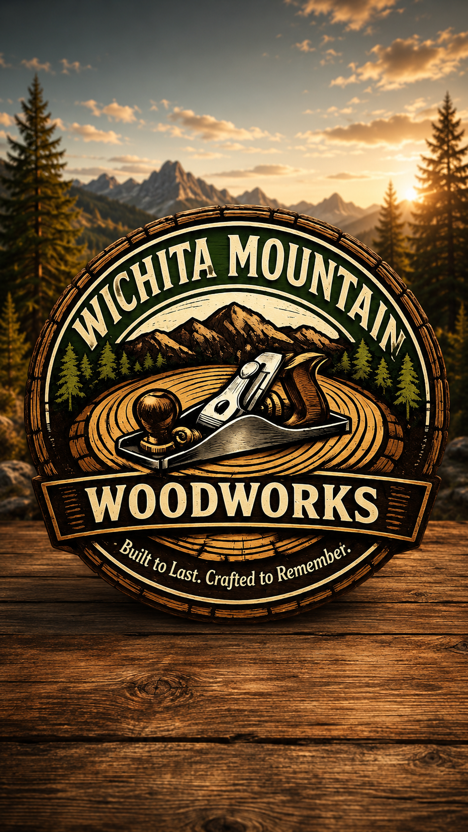 Wichita Mountain Woodworks logo featuring gold mountains and white lettering with veteran family-owned custom woodworking text.