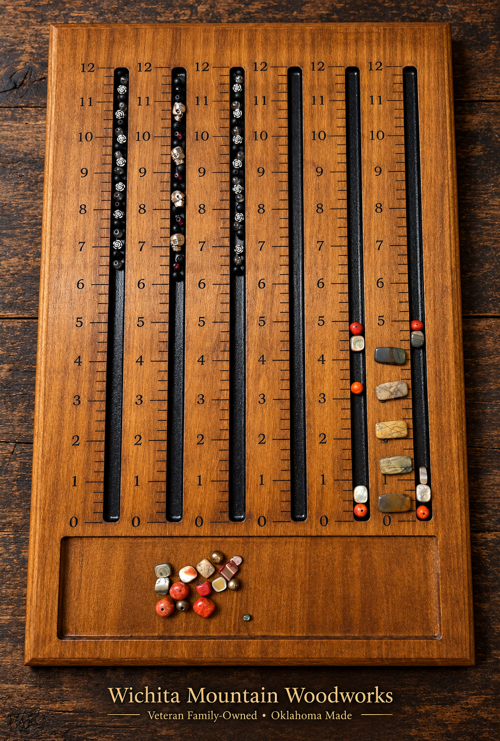 Custom wooden bead board for jewelry making, featuring six recessed channels with engraved measurement markings and a spacious tray for organizing beads and supplies. A practical workspace for planning bracelets, necklaces, and other beaded designs, 