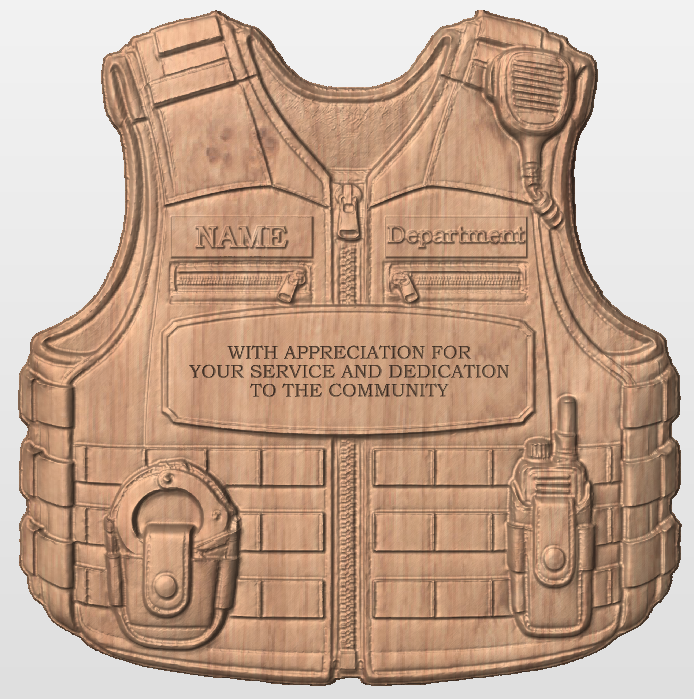 Custom carved police vest recognition plaque featuring detailed equipment and personalized areas for an officer’s name, department, and dedication. A meaningful tribute to service, commitment, and dedication to the community, crafted by Wichita Mount