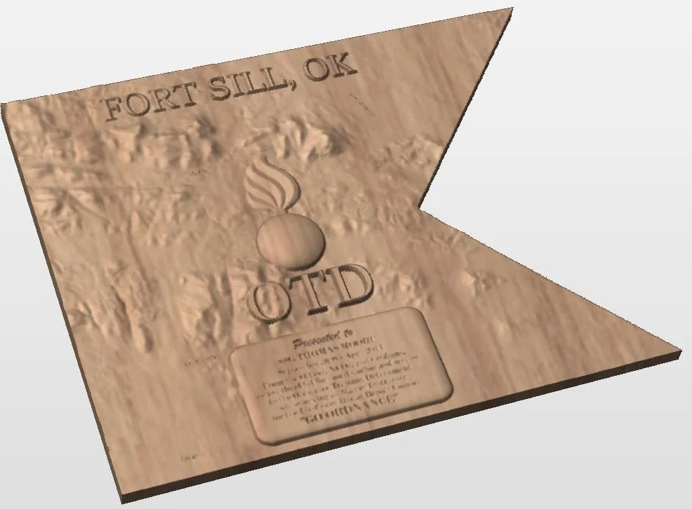 A 3D model of a wooden directional sign for Fort Sill, Oklahoma, featuring a bomb illustration and the text "Fort Sill, OK" at the top and "OTD" in the center.
