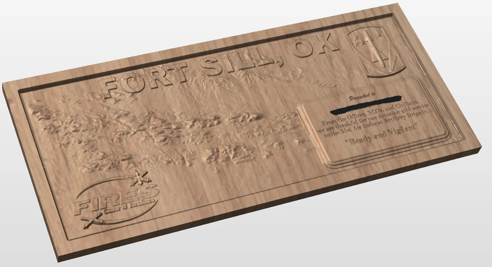 Custom wooden military recognition plaque featuring “Fort Sill, OK,” carved terrain details, the Fires Center of Excellence logo, the Air Defense Artillery Brigade emblem, and a personalized dedication. Crafted by Wichita Mountain Woodworks in Lawton