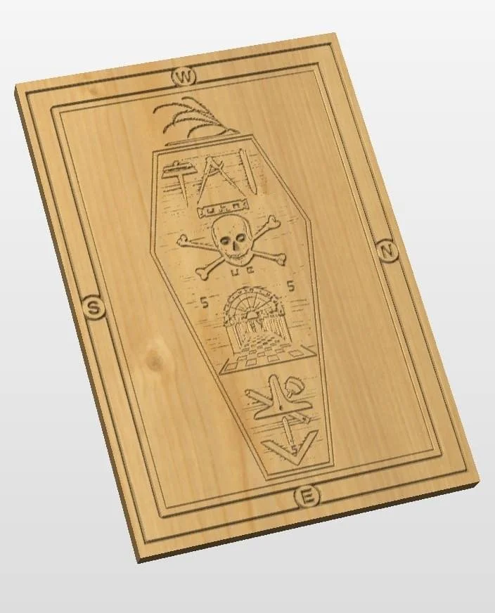 A wooden board with intricate carvings of a skull and crossbones, a staircase leading to a gate, and various symbols and letters.