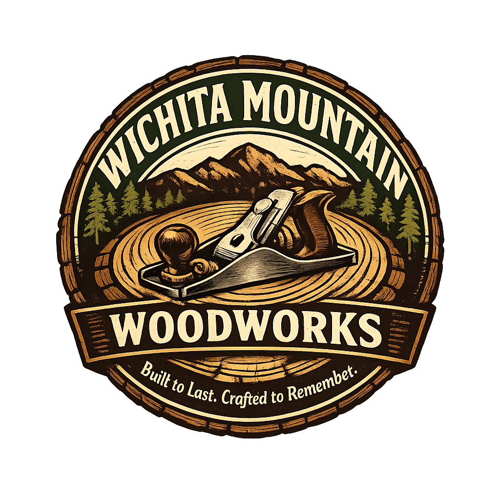 Logo for Wichita Mountain Woodworks featuring mountains, trees, and woodworking tools with the slogan 'Built to Last. Crafted to Remember.'