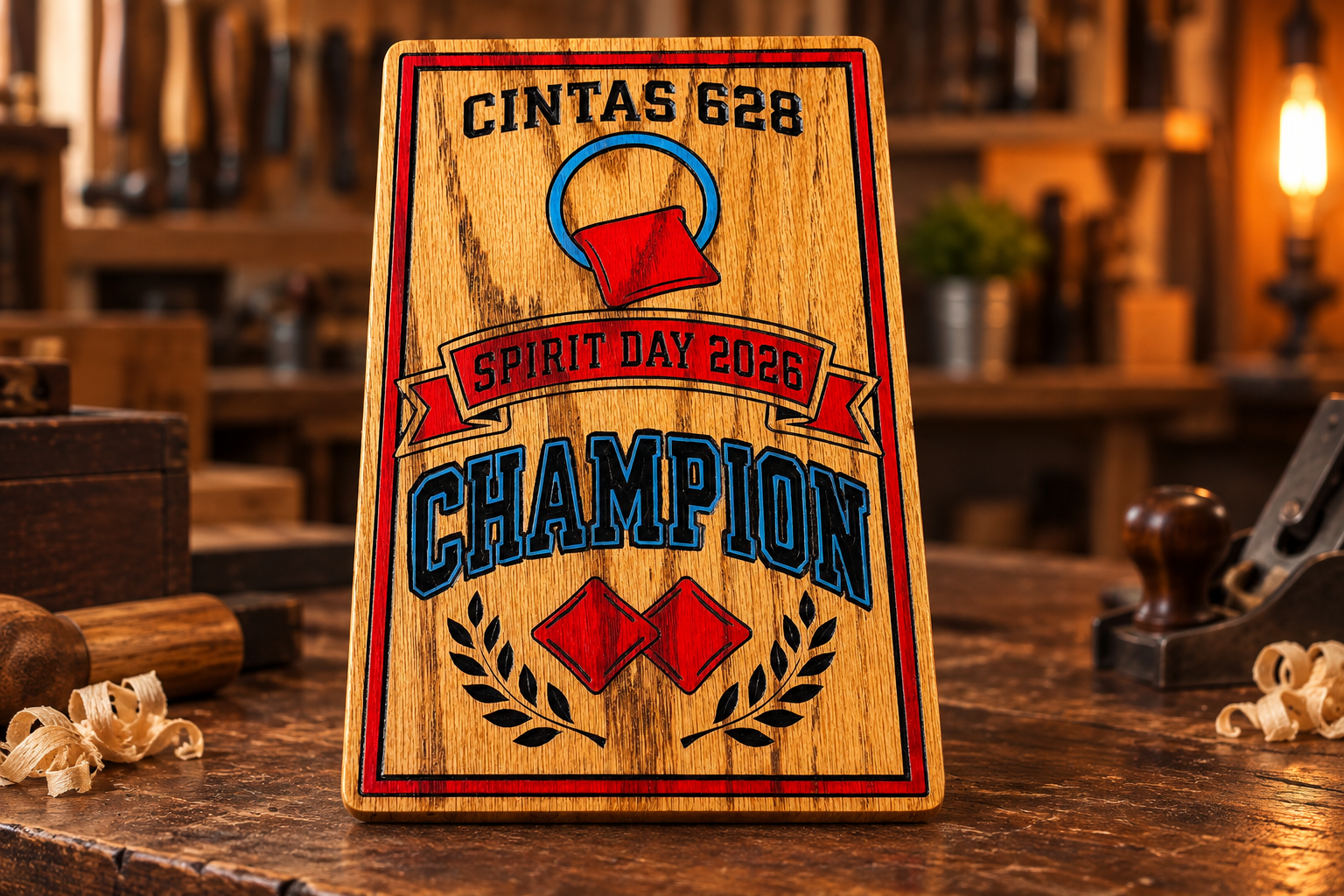 Wooden sign celebrating Cintas 628 Spirit Day 2026 Champion, with red and blue graphics and decorative elements, placed on a wooden table in a rustic setting.