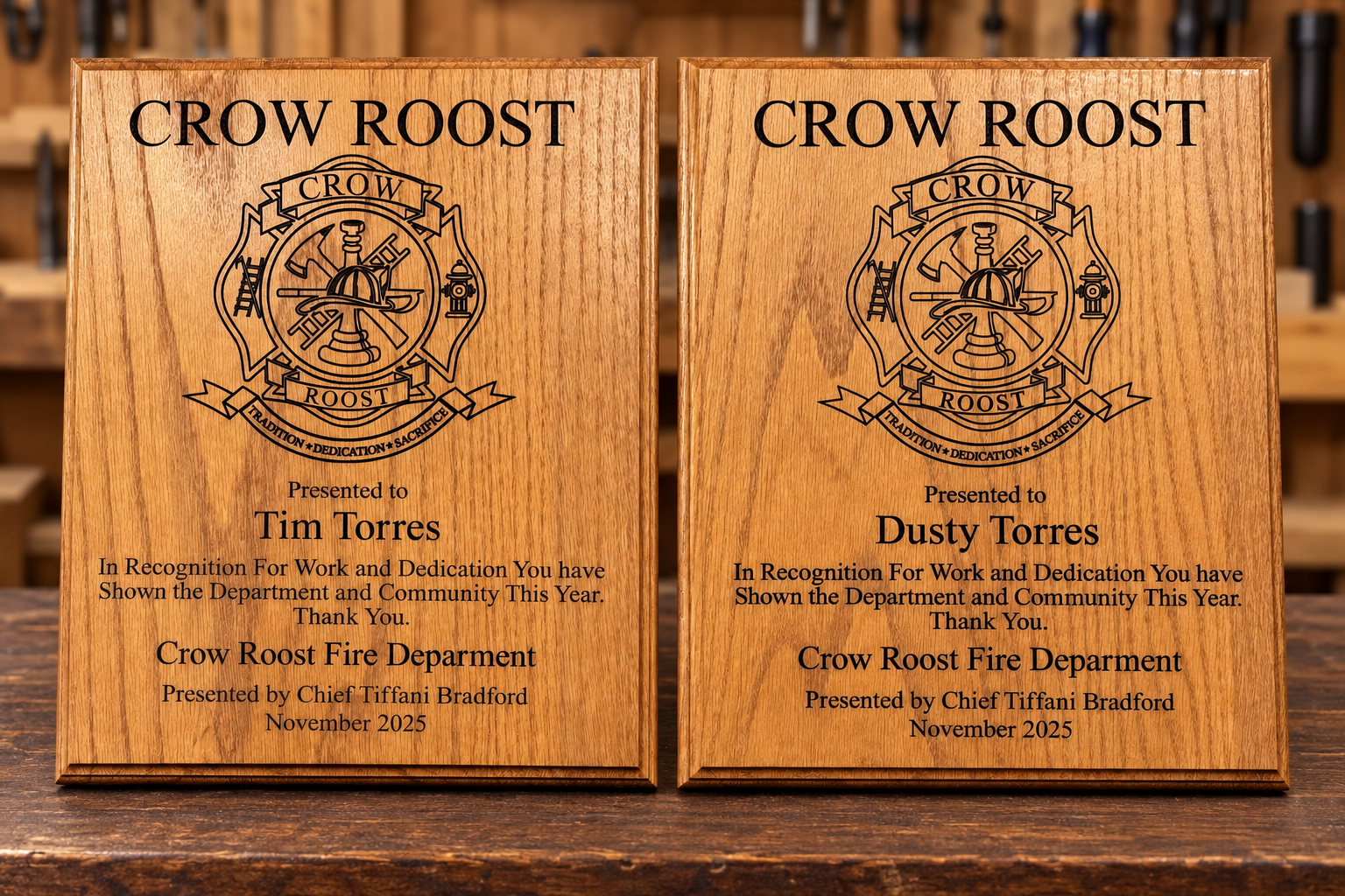 Two wooden plaques with the title 'Crow Roost', an emblem with firefighting symbols, and an inscription awarding Tim Torres and Dusty Torres for their work and dedication to the Crow Roost Fire Department, signed by Chief Tiffani Bradford in November