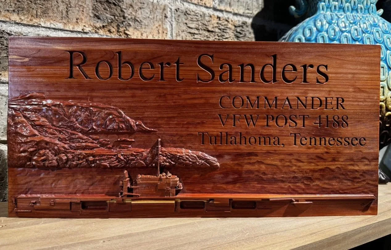 Custom carved wooden recognition plaque for Robert Sanders, Commander of VFW Post 4188 in Tullahoma, Tennessee.