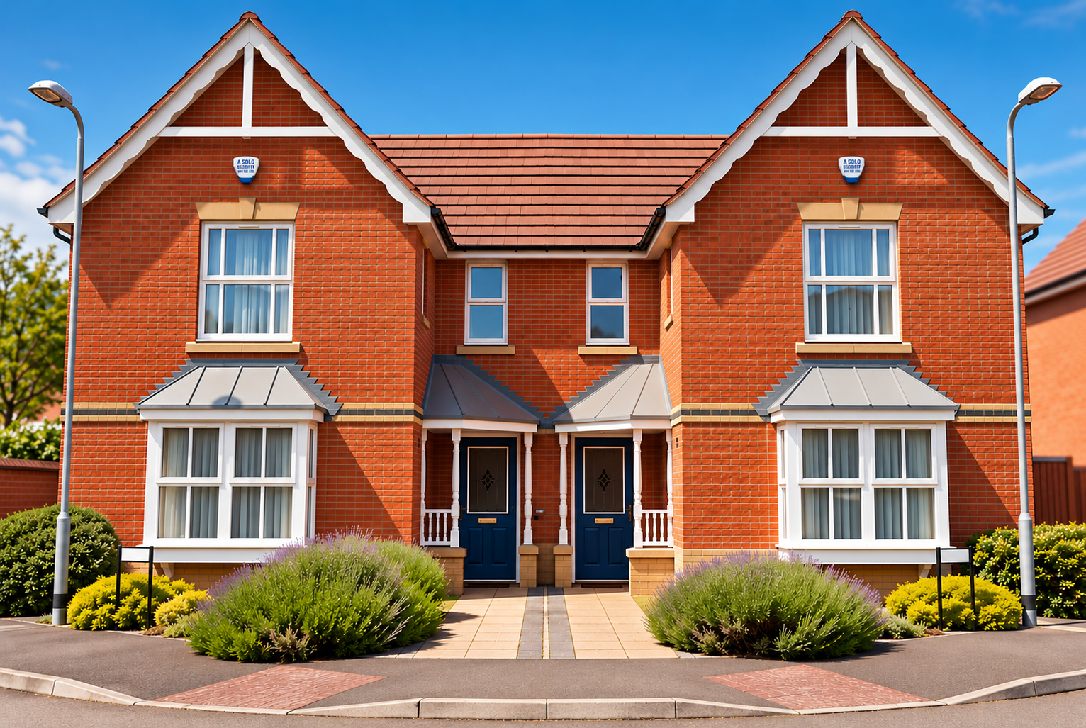 Symmetrical red-brick semi-detached townhouses with blue doors, bay windows, landscaped front gardens, and street lamps