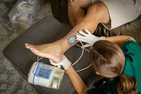 Certified Wound Ostomy Nurse CWON applying Negative Pressure Wound Therapy (aka: wound vac) to a patient with a non-healing wound, surgical wound.