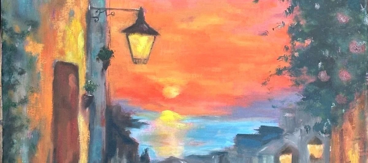 Painting of a sunset over water with buildings and street lamps in the foreground