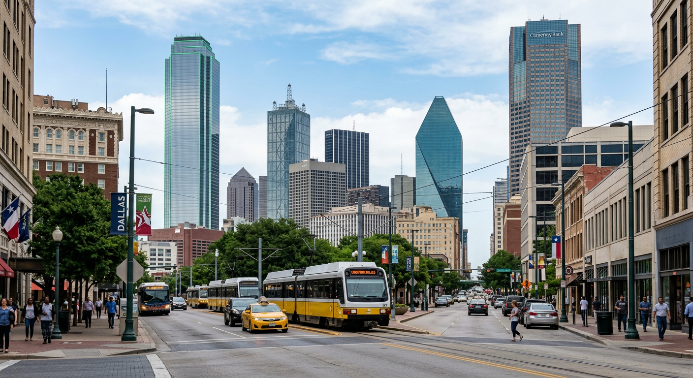 Street view of downtown Dallas, Texas, with tall skyscrapers, a light rail train, cars, and pedestrians on the sidewalk.