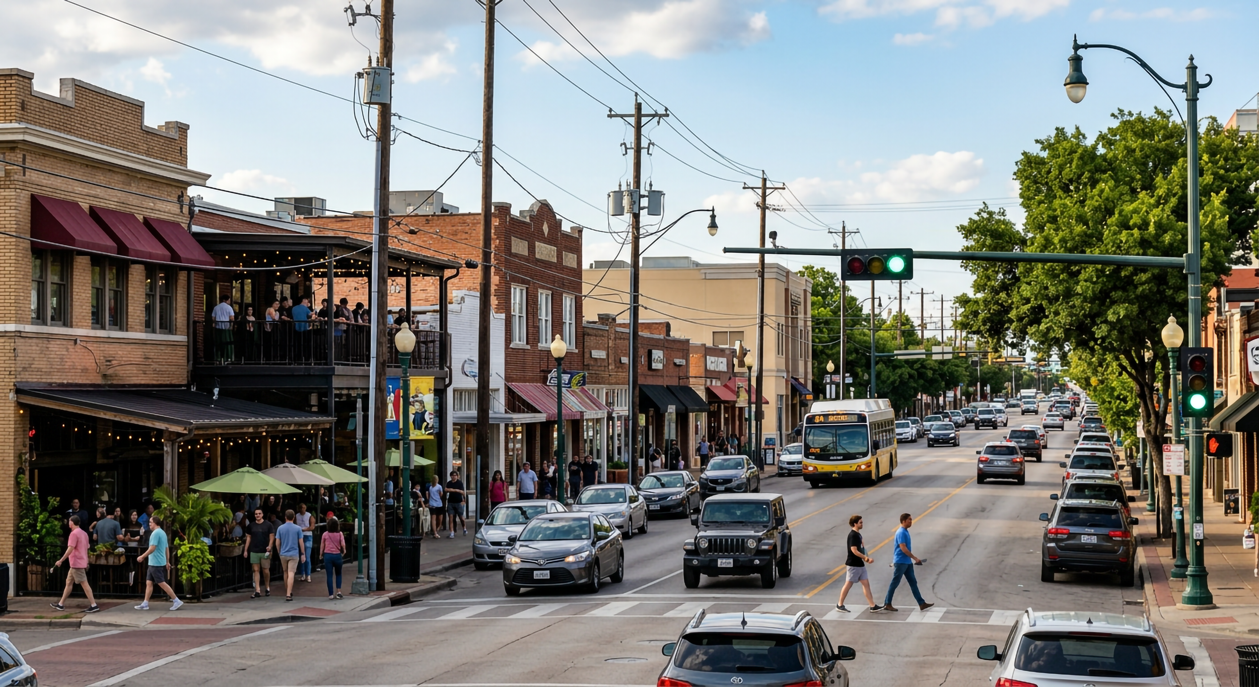 A busy street scene in a small town with cars driving and pedestrians walking. There are brick buildings with outdoor seating on the left side, some with awnings, and a mix of older and modern architecture. Traffic lights are green, and there are power lines and trees along the street, under a partly cloudy sky.