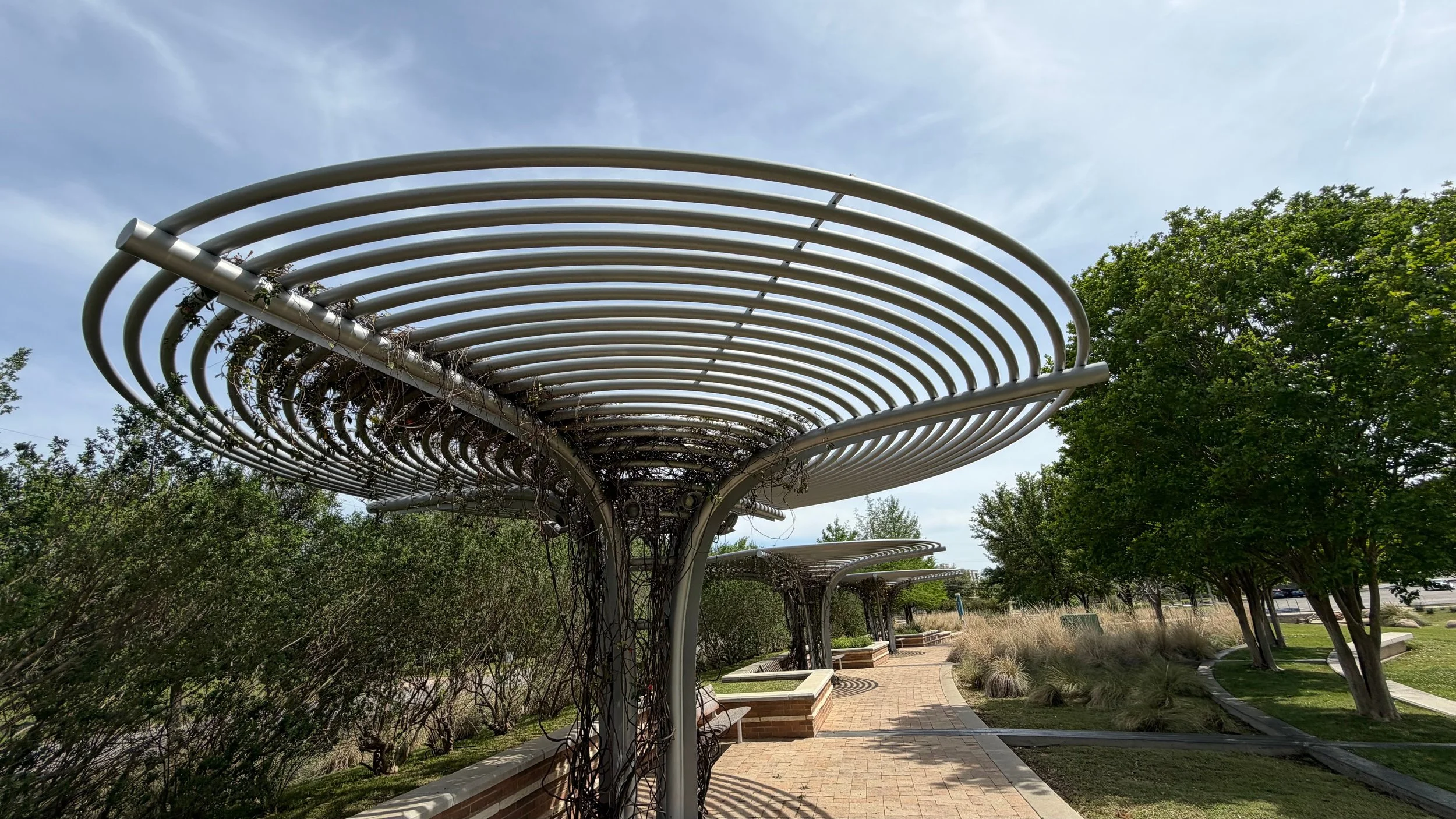 A modern outdoor sculpture resembling a large tree with metallic, curved, and concentric rings forming a canopy, situated in a park with trees, benches, and a brick-paved walkway under a cloudy sky.