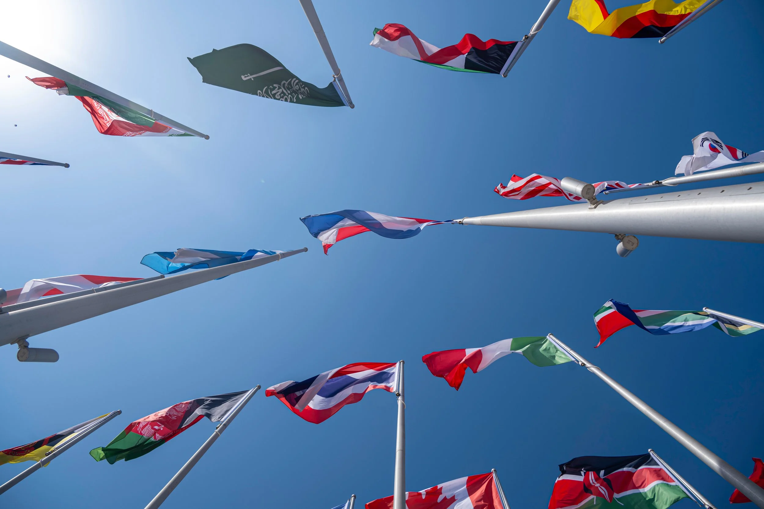 A view from below of multiple international flags flying against a clear blue sky.