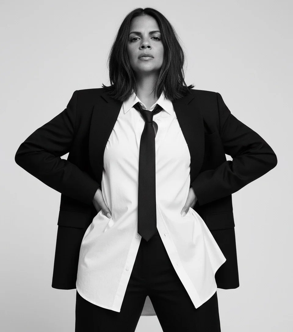 Black and white photo of a woman with shoulder-length dark hair, wearing a business suit and tie, with her hands on her hips, standing confidently against a plain background.