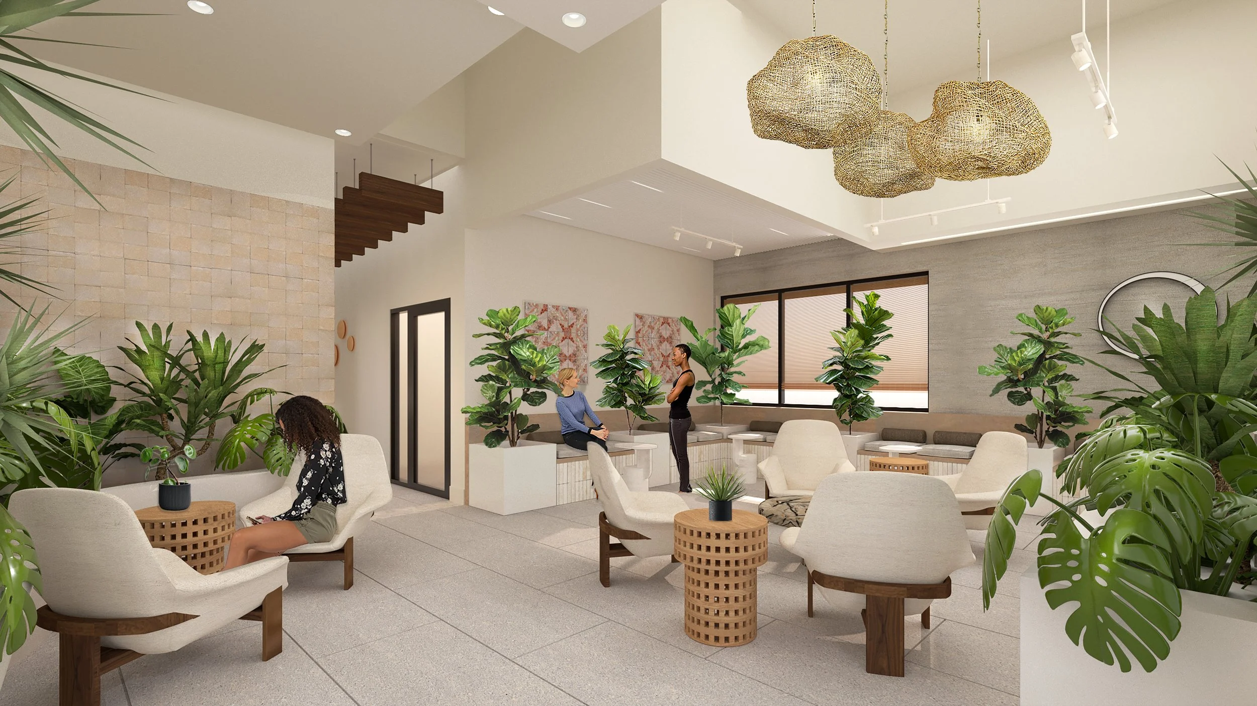 Modern lobby area with white chairs and wooden tables, large green plants, artwork on the walls, and warm lighting from woven pendant lights.