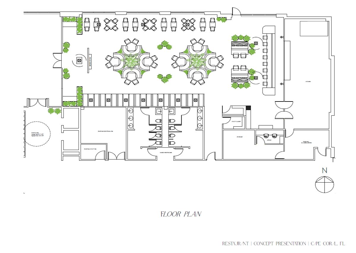 Floor plan of a restaurant with indoor and outdoor seating areas, restroom, storage, and kitchen sections, indicated with tables, chairs, and surrounding greenery.