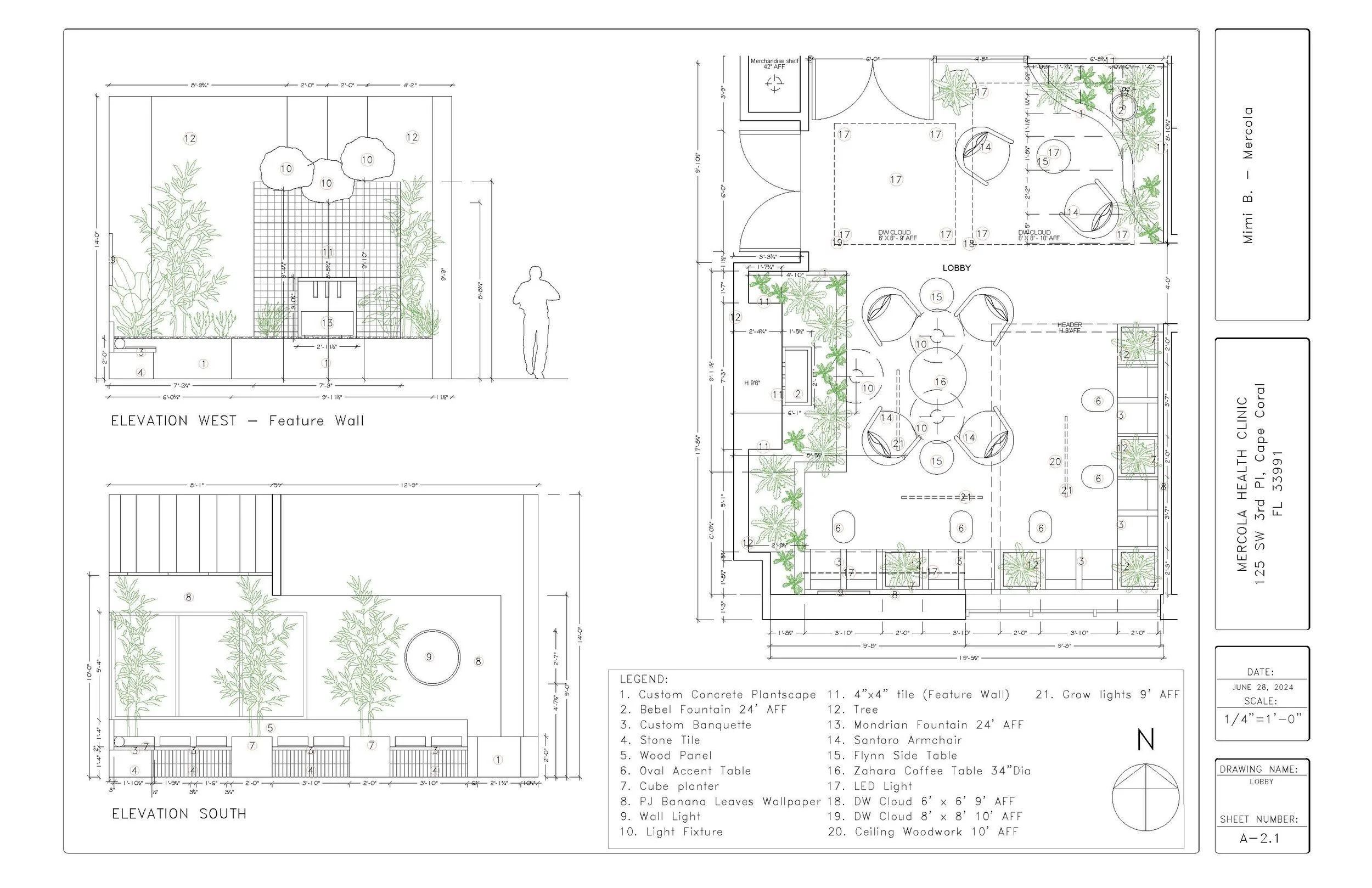 A detailed architectural blueprint of a landscape design, showing elevations and layout of a feature wall, trees, planters, tables, lighting, and furniture, with measurements and labels.