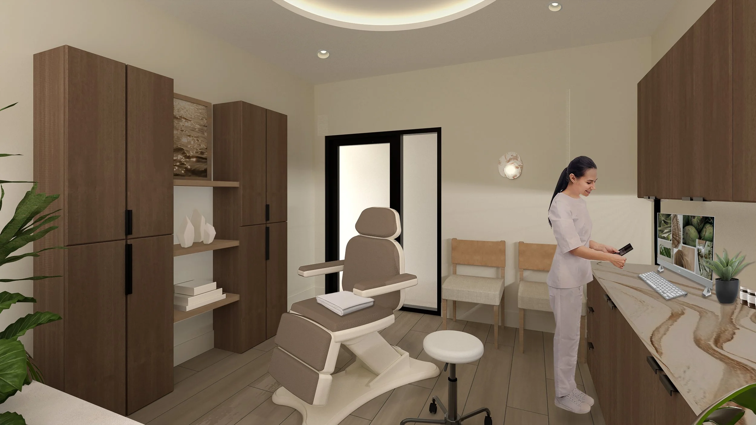 A modern medical office with a female healthcare professional standing near a computer, beige chairs, wooden cabinets, and decorative items, in a clean and organized environment.