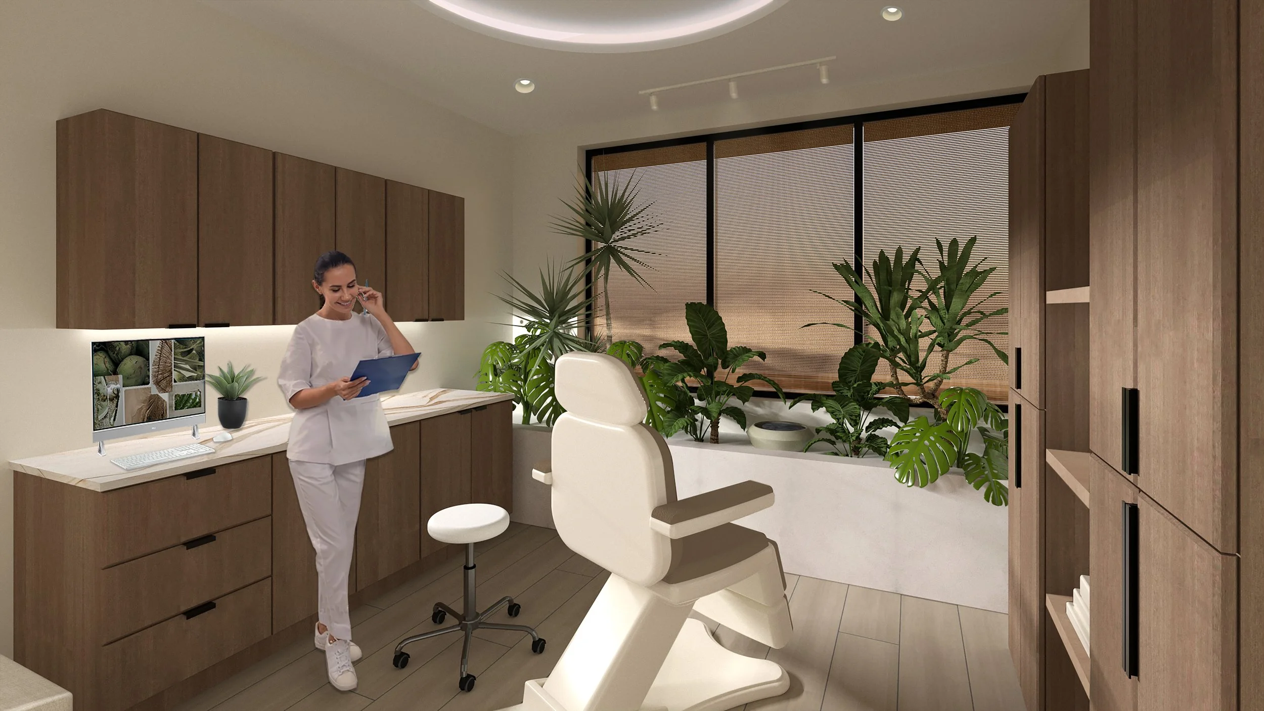 A nurse in white scrubs smiling on a video call in a modern medical office with wooden cabinets, a computer, and large planters with green plants near the window.