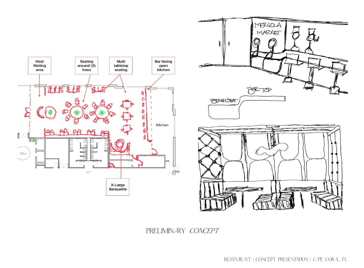 Preliminary concept sketch of a restaurant layout and interior design. The layout includes a host waiting area, seating around trees, multi-tabletop seating, a bar facing an open kitchen, and an X-large banquette. The interior design sketch shows a bar top and a lounge area with curved seating and decorative wall features.