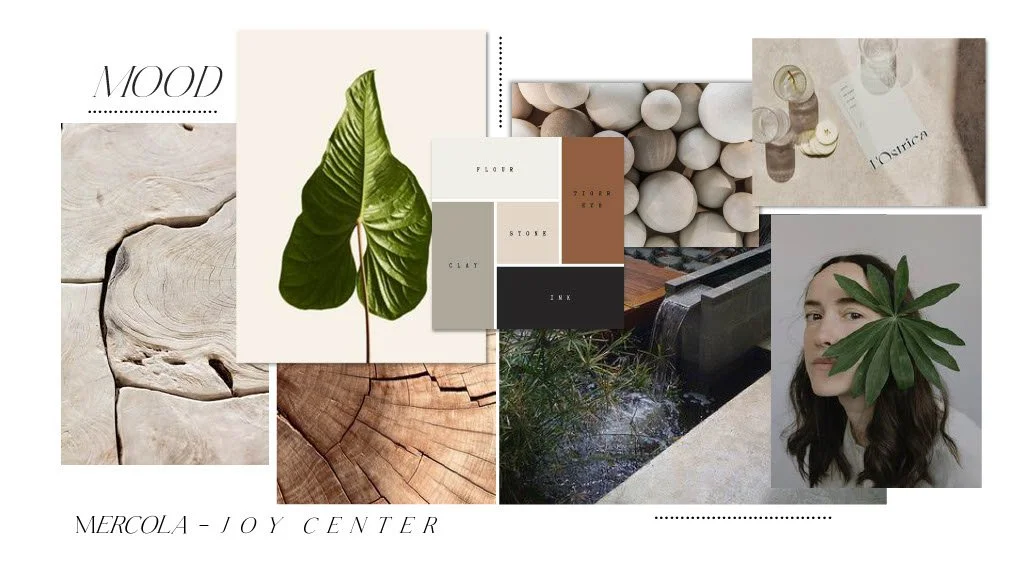 Collage featuring natural elements like a green leaf, white stones, wood textures, a water feature, and a woman with a large green leaf as a face accessory, with text reading 'MOOD' and 'Mercola - Joy Center'.