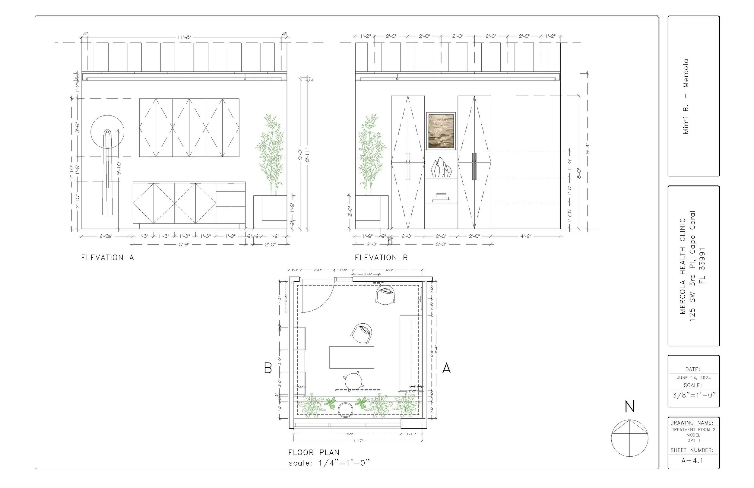 Architectural floor plan and elevation drawings for a treatment room with measurements and design details.