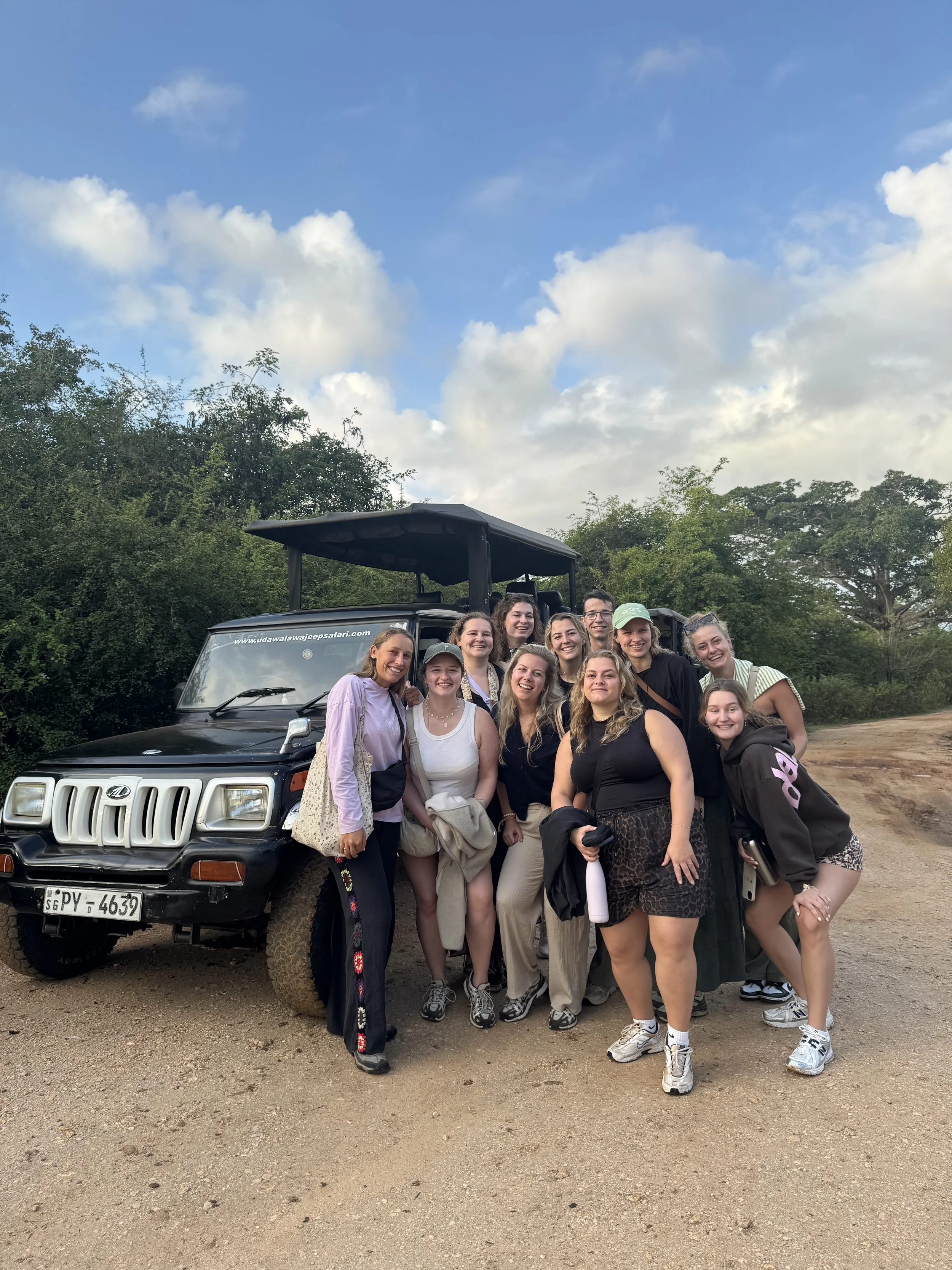 Lara with her group trip on a safari in Udawalawe national park, Sri Lanka