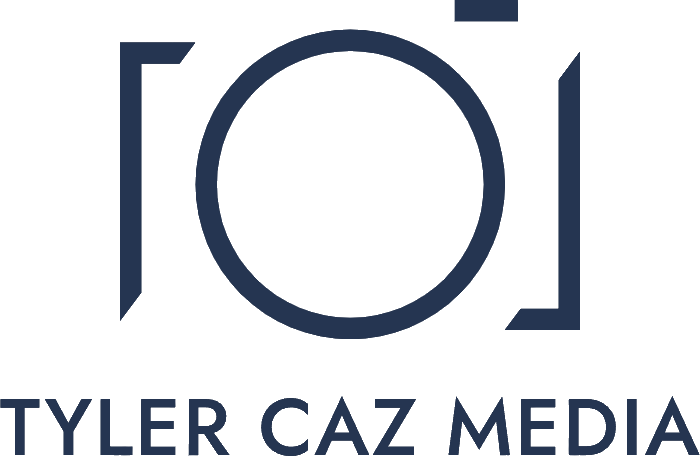 Logo for Tyler Caz Media featuring a stylized camera icon with the company name below