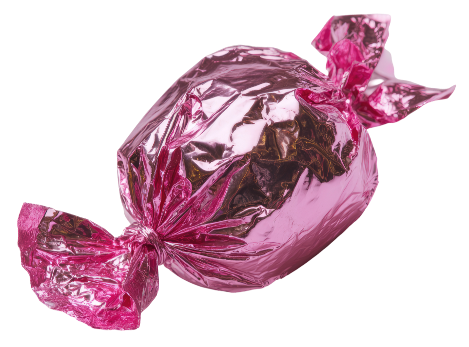Pink foil-wrapped candy with a twist ending.