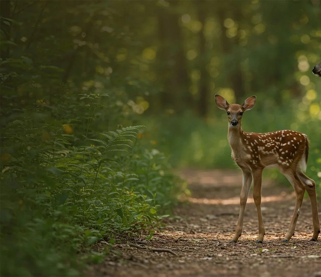 A young fawn with white spots on its brown coat standing in a forest trail, surrounded by green foliage.