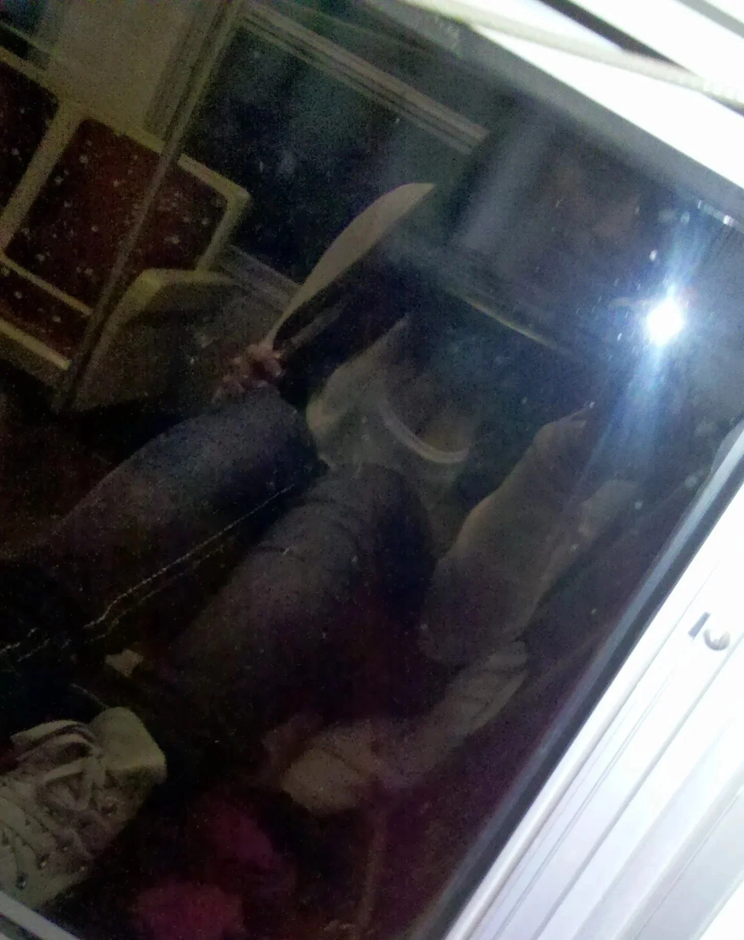 Reflection of a person taking a selfie in a glass window or mirror, with a room and some furniture visible inside.
