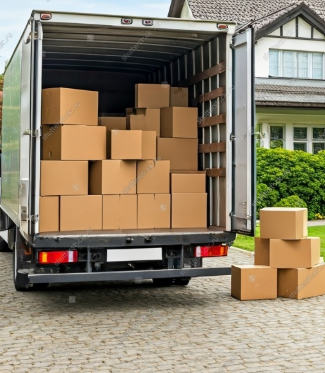 Moving truck with open doors and boxes ready for loading