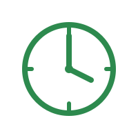 A green clock showing the time as 3:00.