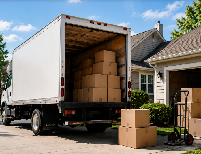 White moving truck loaded with boxes in a Nashville driveway
