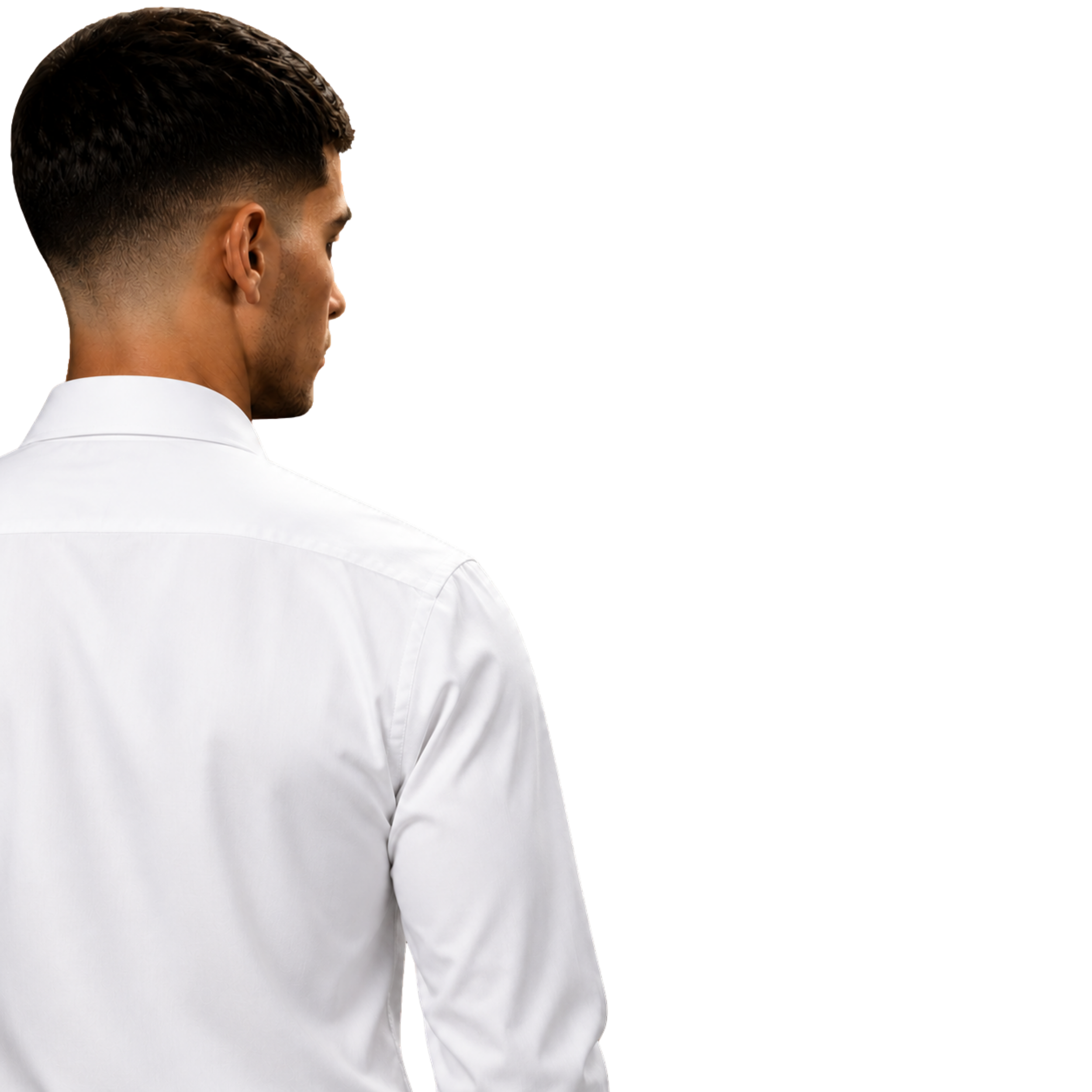 Profile view of a young man with short dark hair, wearing a white shirt, against a background with digital glitch effects in blue and black.