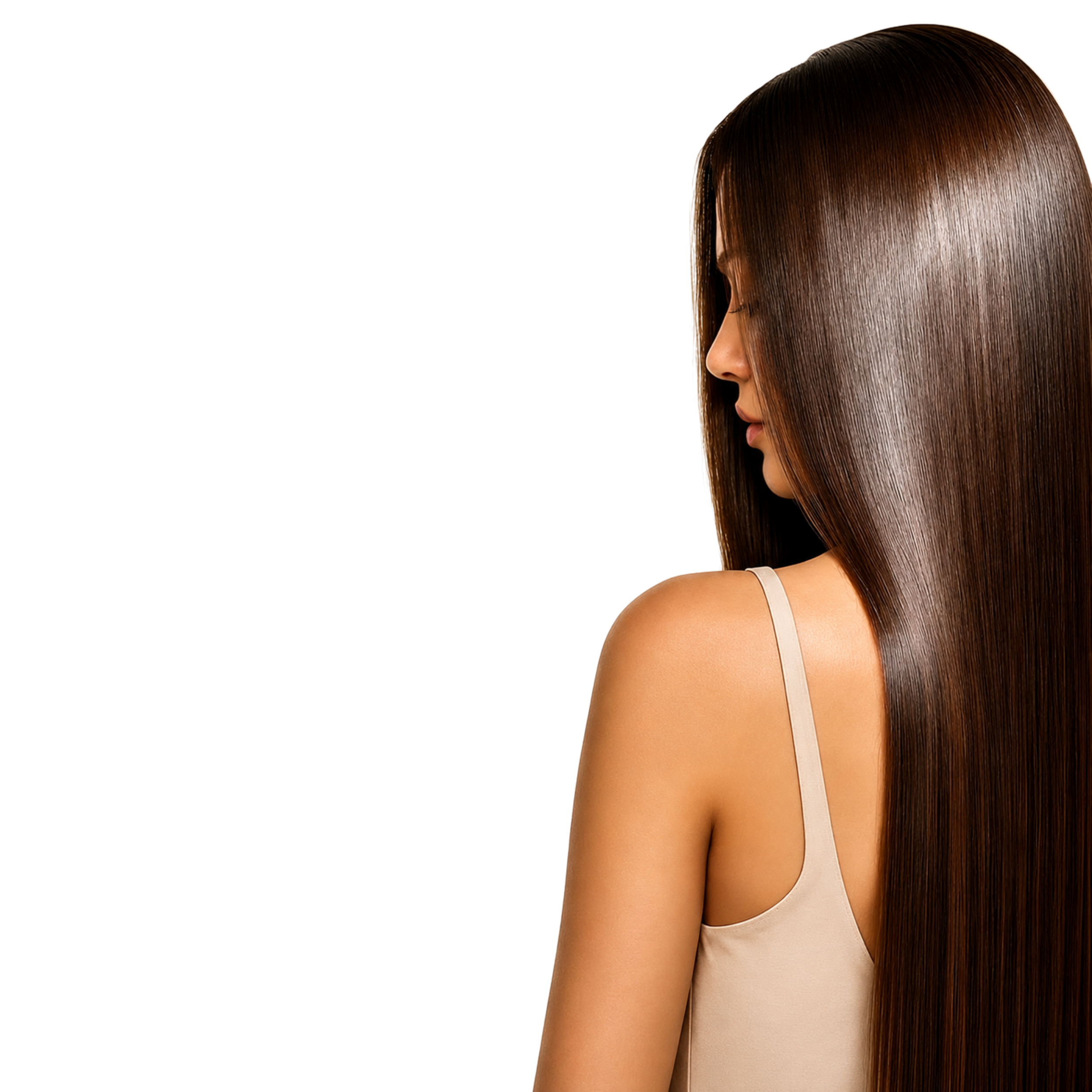 Close-up side profile of a woman with long, straight, shiny brown hair and smooth skin, wearing a beige tank top.