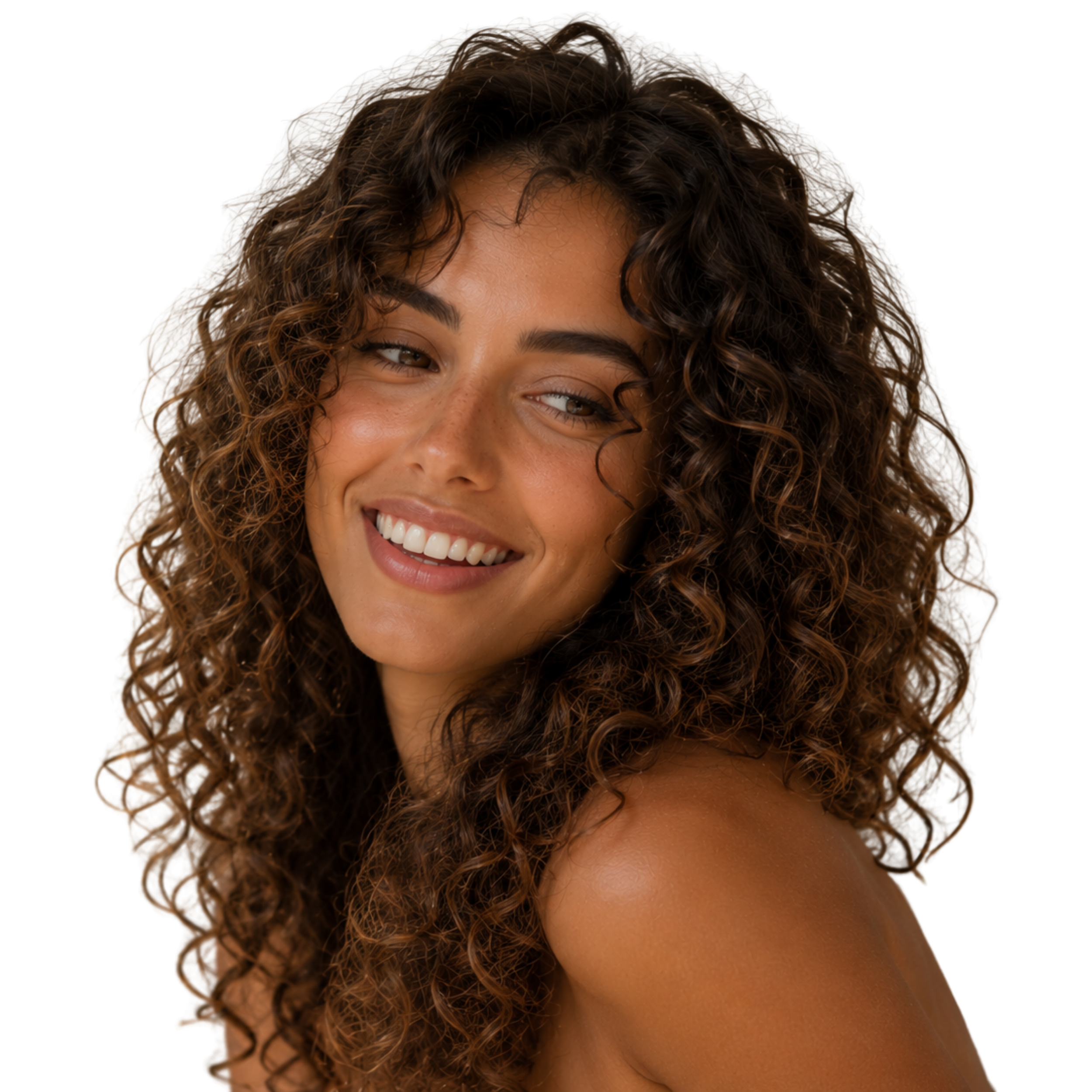 Close-up of a smiling woman with curly hair and a light brown complexion.