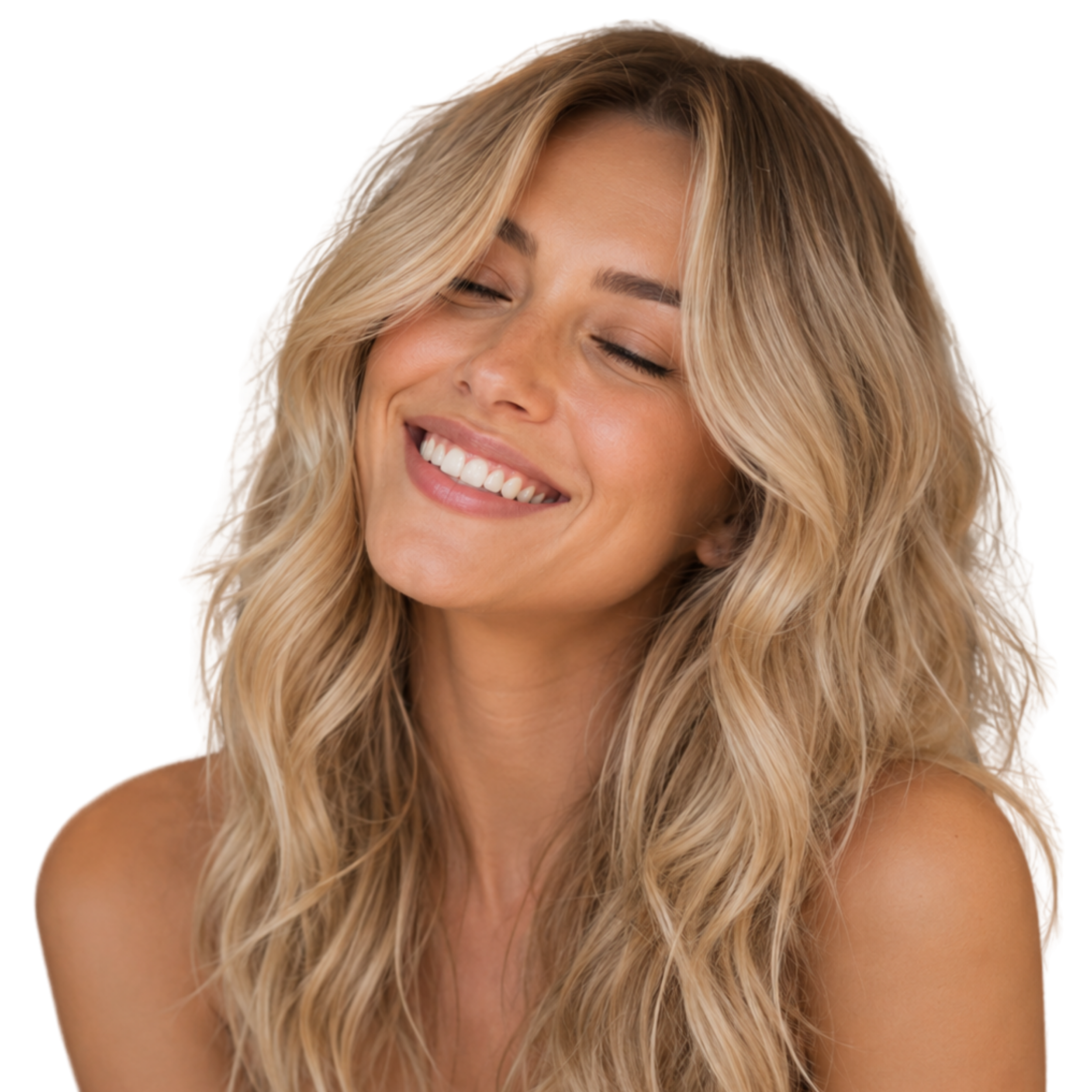 Close-up of a smiling woman with long blonde hair and fair skin.