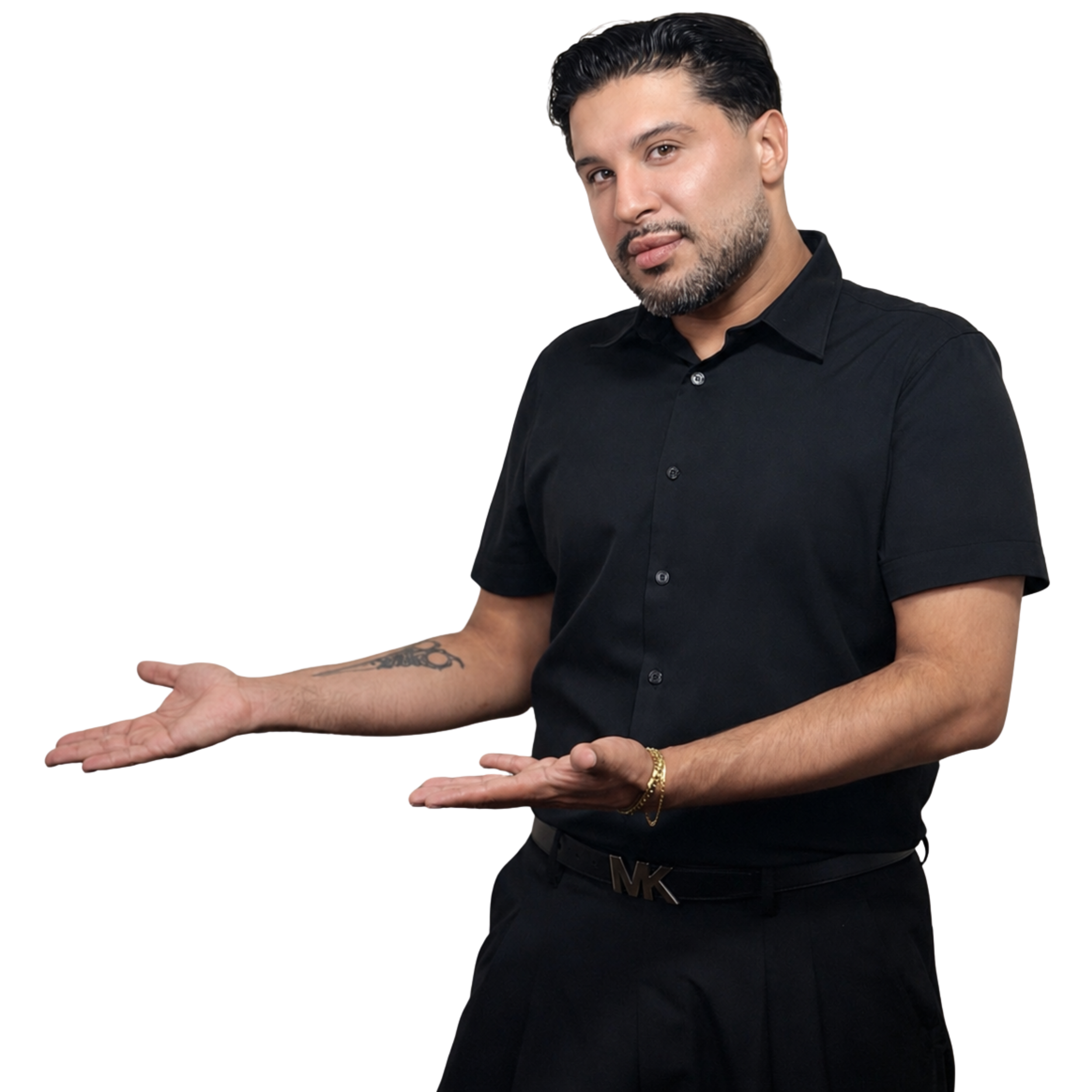 Image of a man with dark hair and beard wearing a black button-down shirt and a gold bracelet, with his hands gesturing, against a black background with red and blue accents.