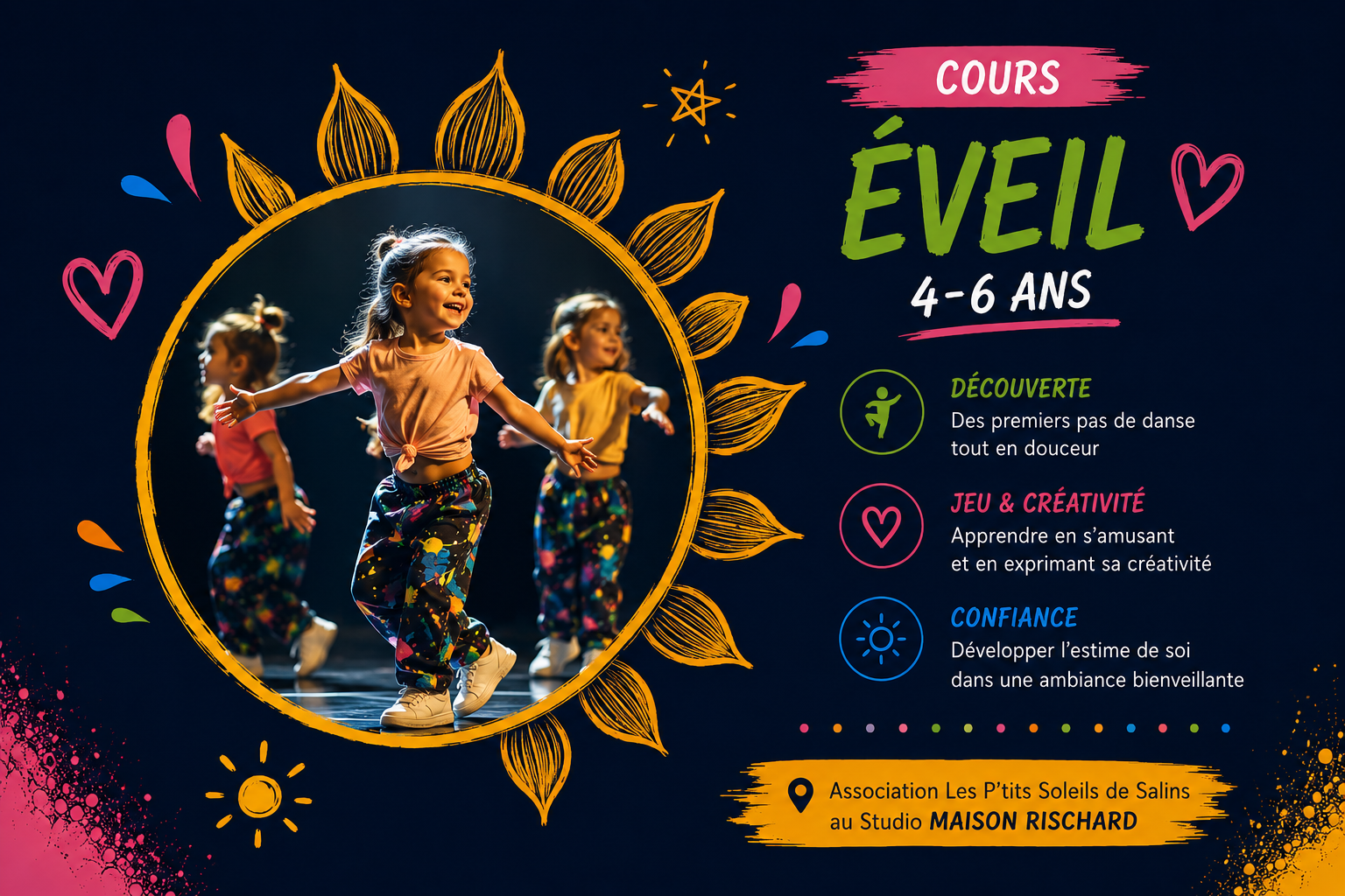 Affiche promotionnelle pour un cours d'éveil pour enfants de 4 à 6 ans, avec une photo de jeunes filles en danse et des éléments colorés, détails sur les activités et lieu d'inscription.