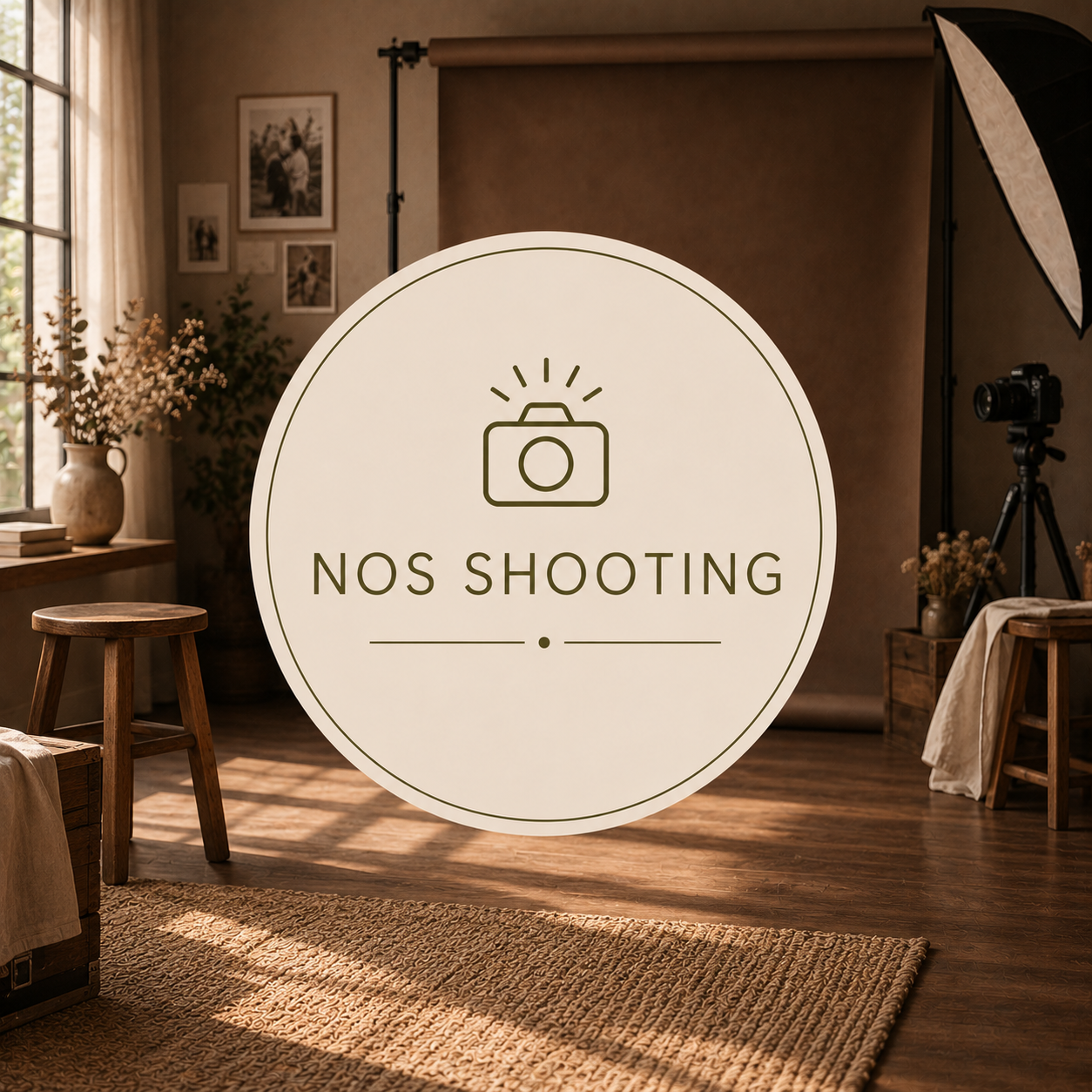 Studio photo avec un fond beige, un flash et un appareil photo sur un trépied. Une grande affiche avec un symbole d'appareil photo et le texte 'Nos Shooting' en français, dans un cadre intérieur chaleureux avec des meubles en bois et des décorations florales.