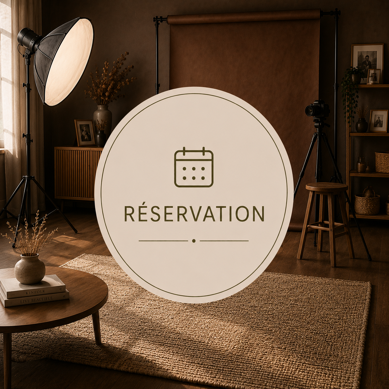 Studio photo avec éclairage professionnel, décor chaleureux, signal de réservation pour un événement ou un rendez-vous.